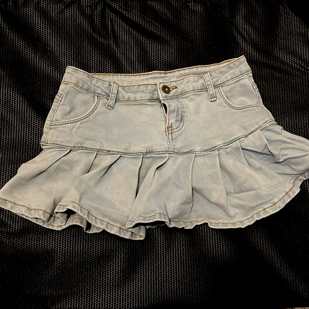 Light wash pleated mini Jean skirt with shorts underneath
